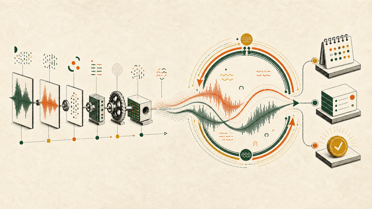A speech waveform compressing from separated technical stages into a continuous real-time loop