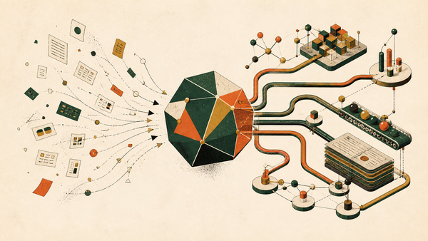 Two branching product paths around an expanding AI core, one being consumed and one compounding
