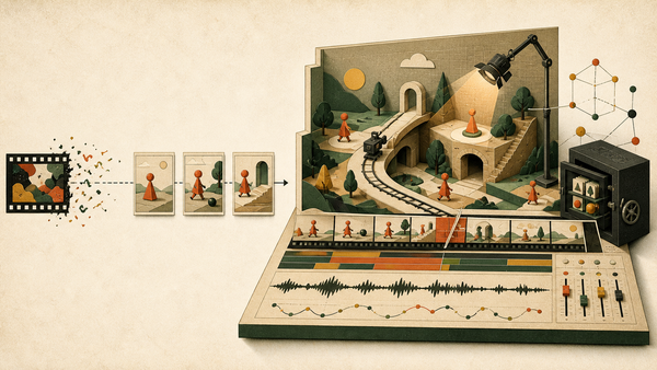 A film strip evolving from a single generated frame into a controlled world of characters, sound, cameras and edits